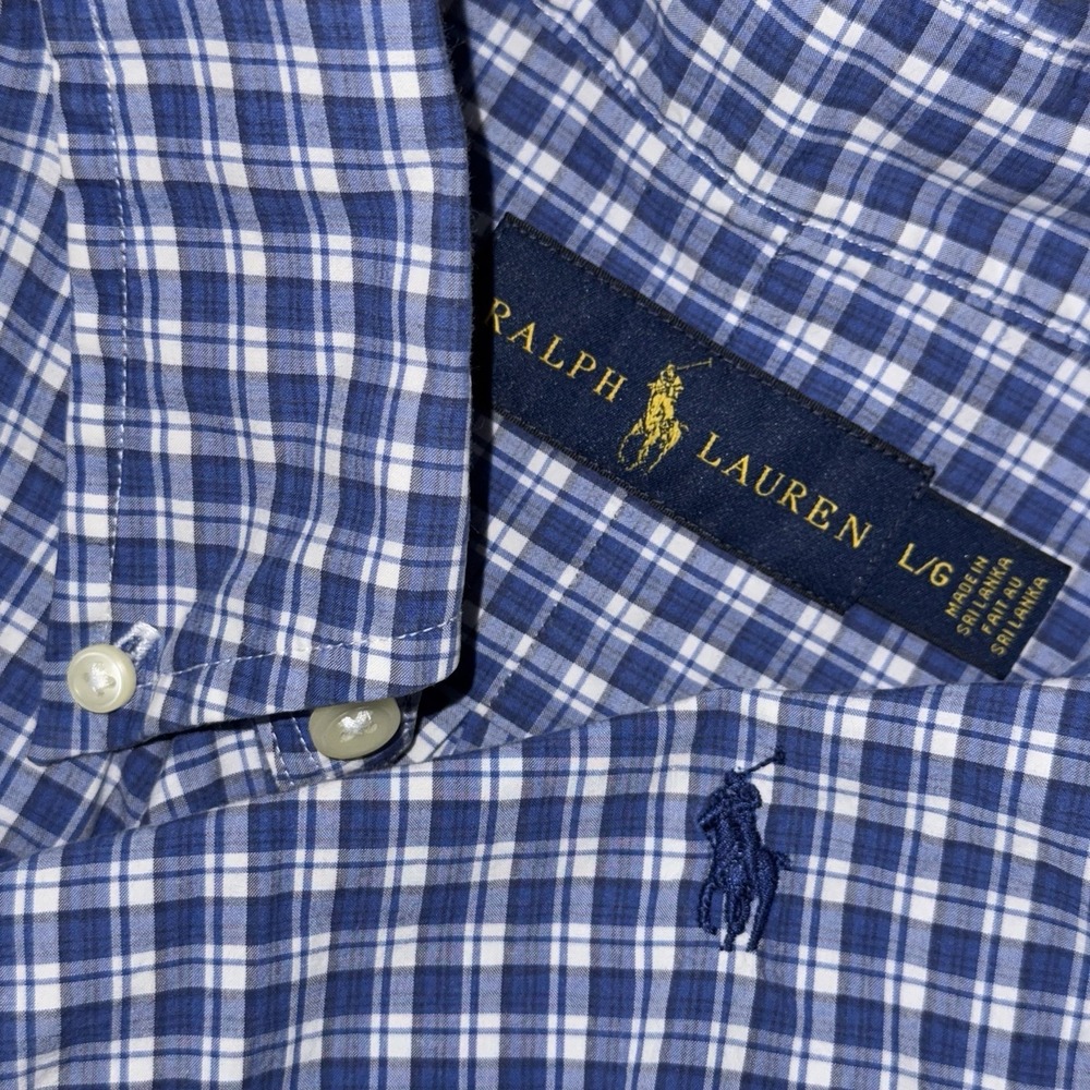 Polo Ralph Lauren Short Sleeve Button Down Oxford Shirt Men's L Blue White Plaid